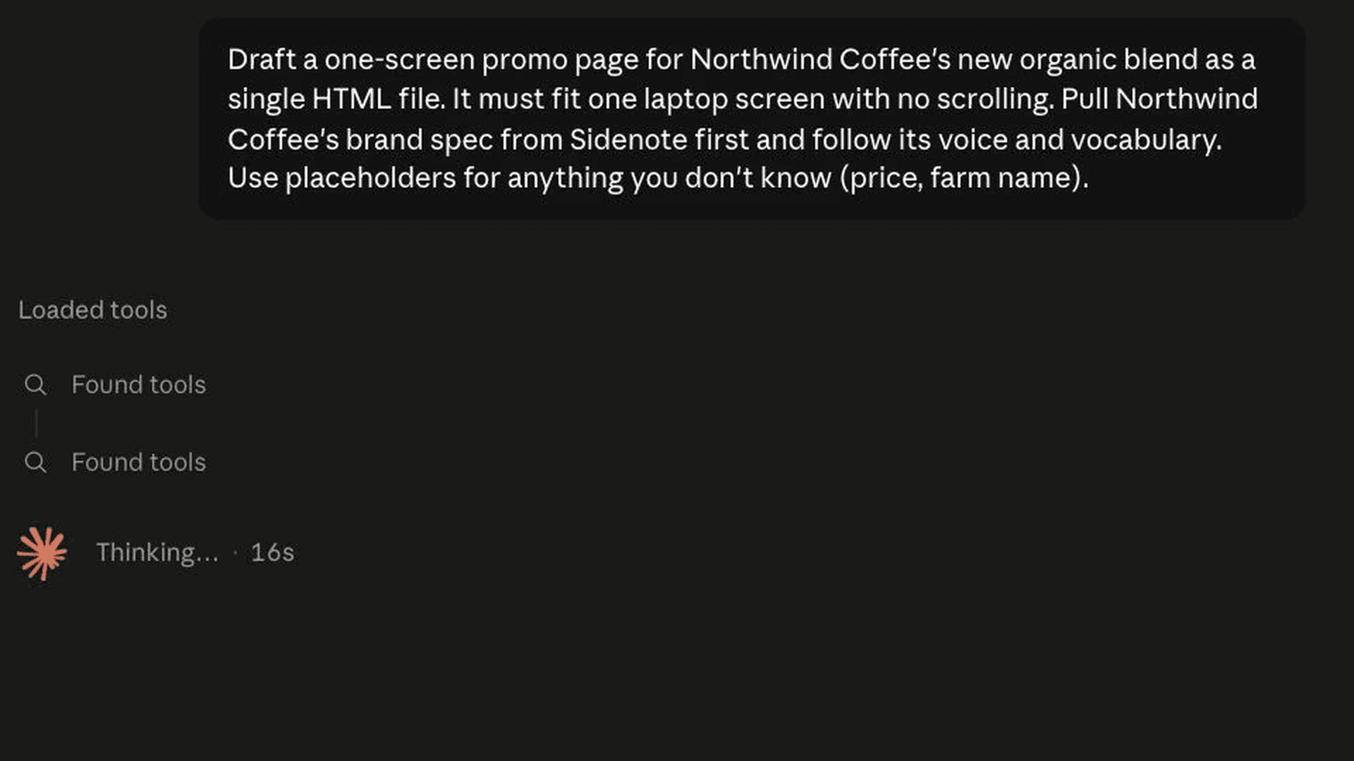 Claude chat zoomed in on the prompt and MCP tool calls: pulling the brand spec from Sidenote before drafting