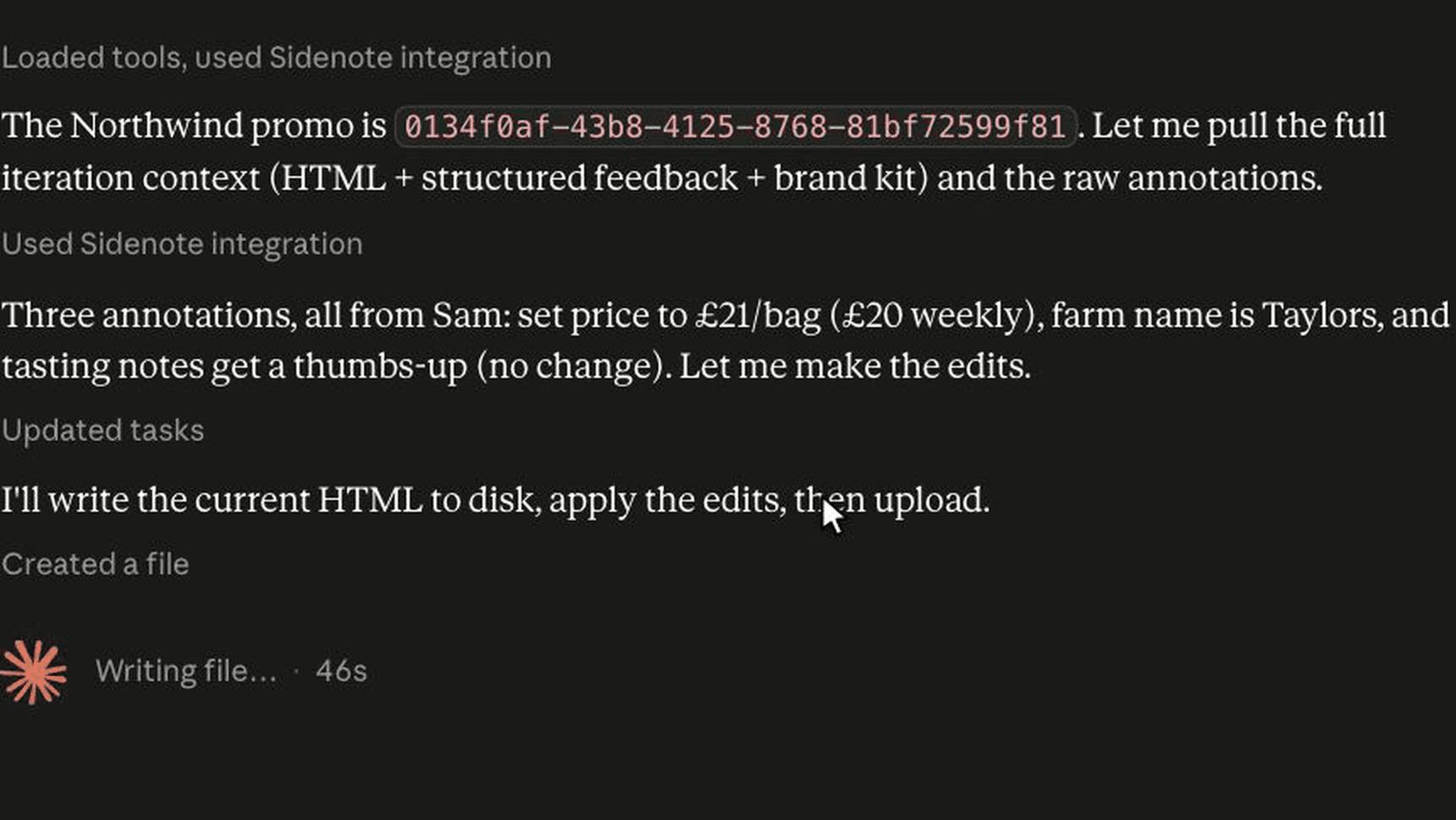 Claude chat zoomed in on pulling Sidenote annotations and actioning all three in one pass